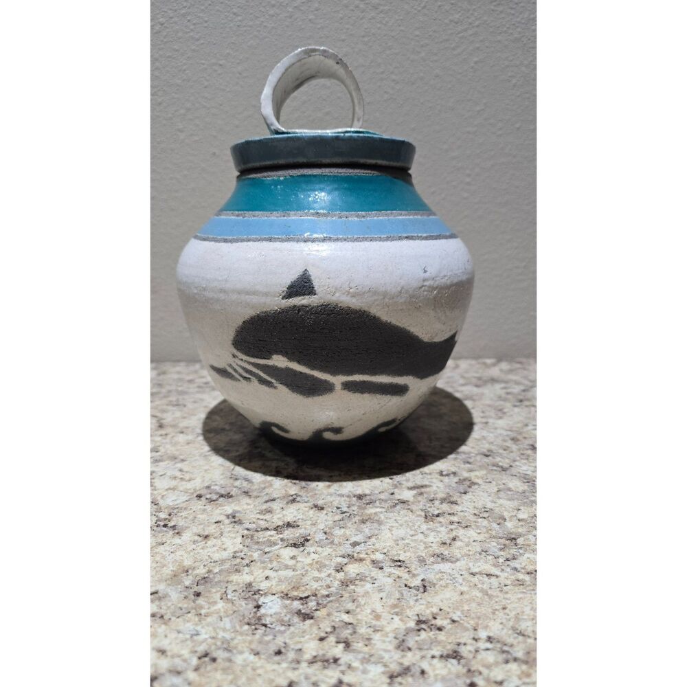 Artist Signed Studio Art Raku Pottery Jar with Lid Whale Theme